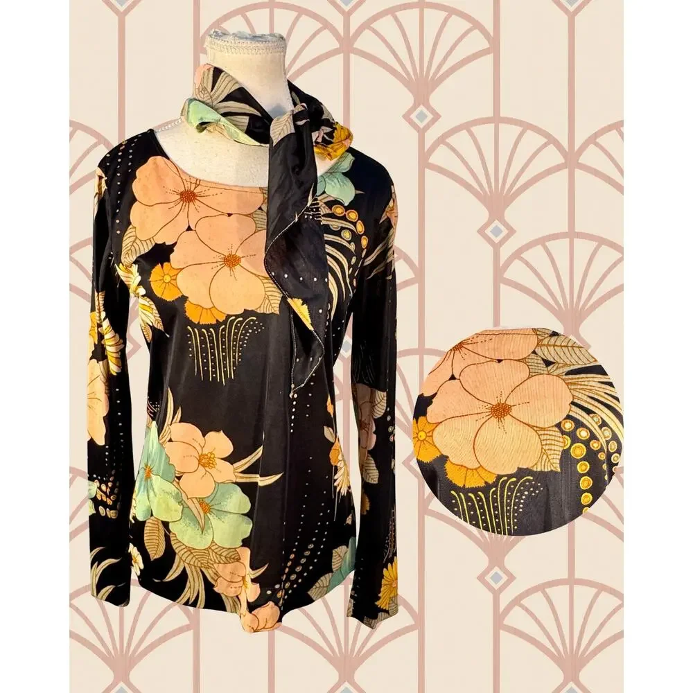 Vintage 70s Gina Di Roma Art Deco Floral Long Sleeve Scarf and Shirt Set  Size M